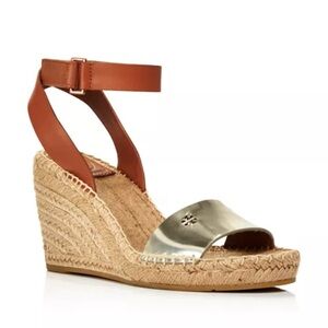Wedge Espadrille Sandal with Metallic Toe and Ankle Strap - Brown/Gold